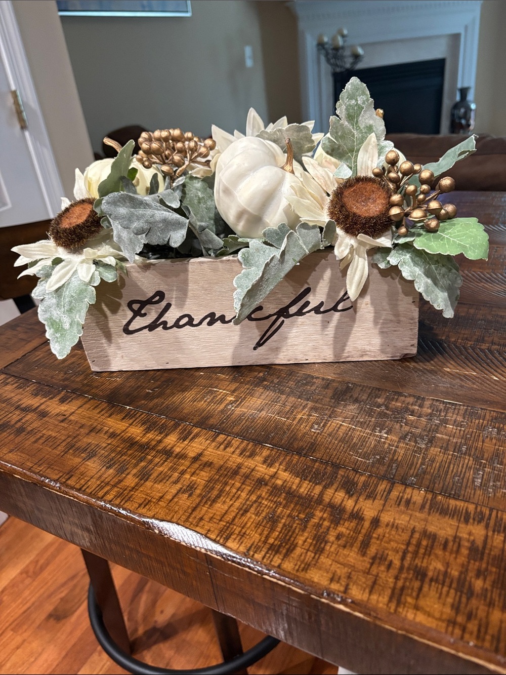 Thankful Wooden Box Floral Centerpiece with White Pumpkin